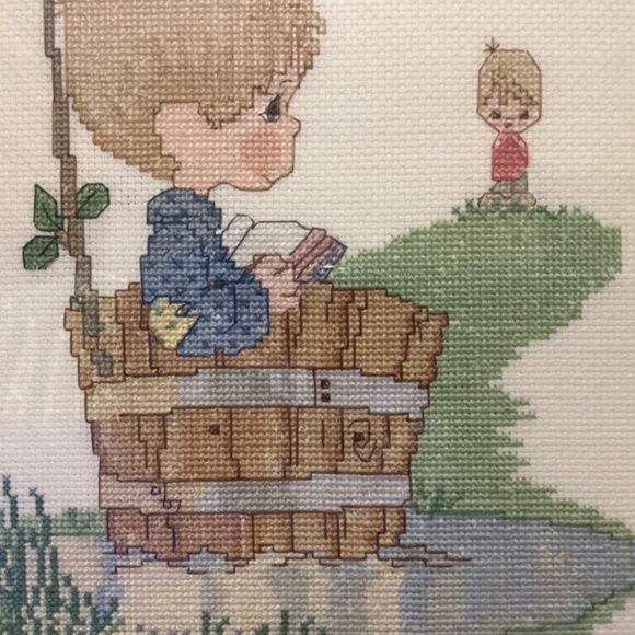 Vintage Cross stitch picture boy wooden barrel flag friendship green frame gold - Picture 3 of 8